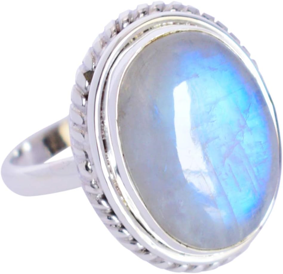 Natural Rainbow Moonstone Statement Ring – Oval Cabochon Blue Gemstone in 925 Sterling Silver – Handmade Bold Jewelry for Women Artisan Multistone Boho Elegant Gift Piece RI-FSJ-5246