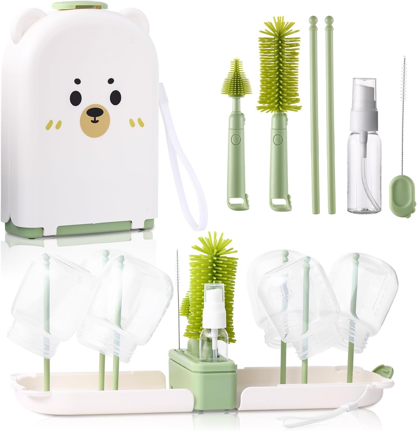 Hranio Baby Bottle Brushes for Cleaning Baby Bottle Cleaner Brush Travel Steriliser for Baby Travel Essentials with Silicone Bottle/Nipple/Straw Brush Soap Dispenser Drying Rack for Baby Travel