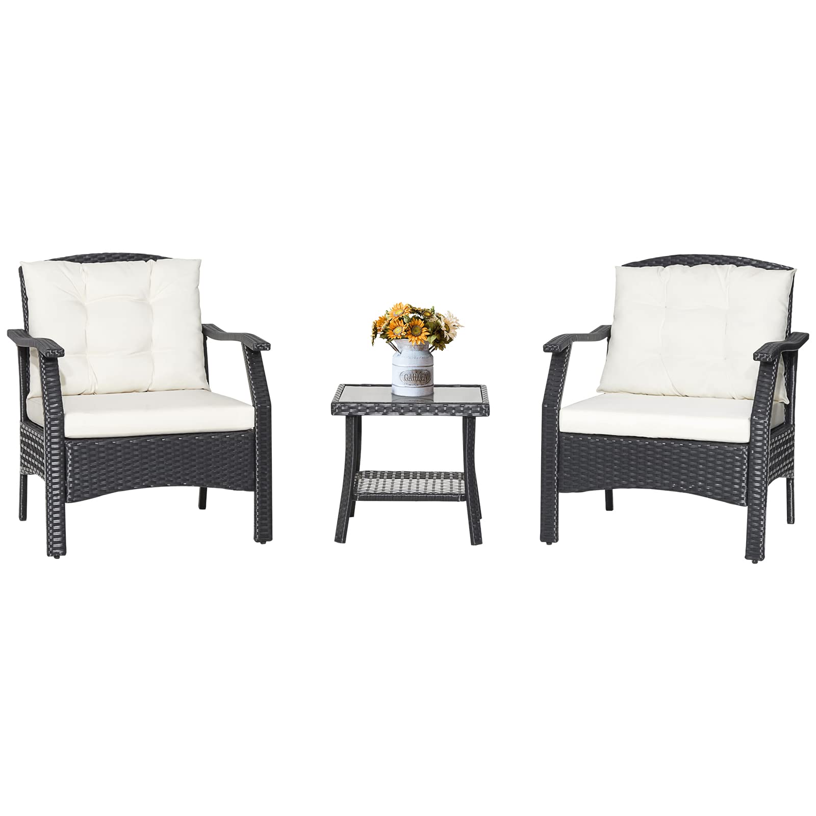 COSTWAY 3-Piece Rattan Bistro Set, Patio Sofa Set Garden Table and Chairs with Cushions, Outdoor Furniture Wicker Conservatory Set for Balcony, Backyard, Terrace and Poolside