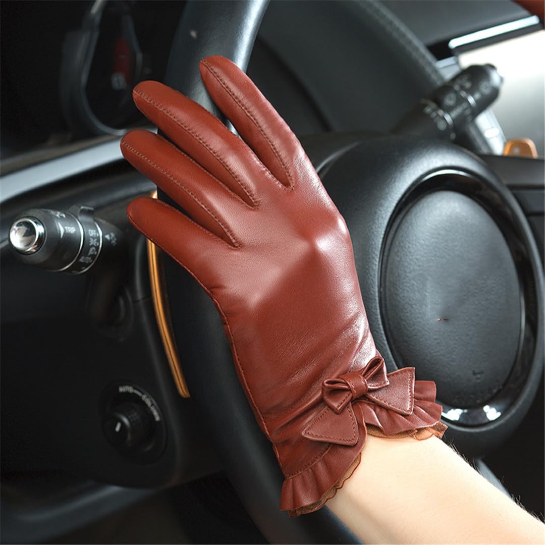 Gants En Peau De Mouton Pour Femmes, À La Mode, Avec Nœud En Dentelle, En Cuir Solide, Pour Conduite D'hiver, Garde Au Chaud