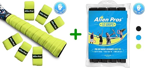 ALIEN PROS Paquete de 18 cintas de agarre para raqueta de tenis color amarillo neón y negro, precortadas y ligeras al tacto