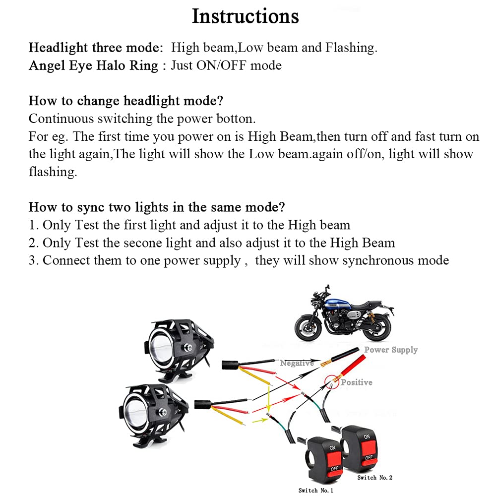 2pcs Bright 3000LM 125W LED Motorcycle Headlight with Demon Angel Blue Eyes Auxiliary Work Light Spotlight Driving Fog Spot Lamp Universal for Car Offroad ATV Truck + 2pcs Switch
