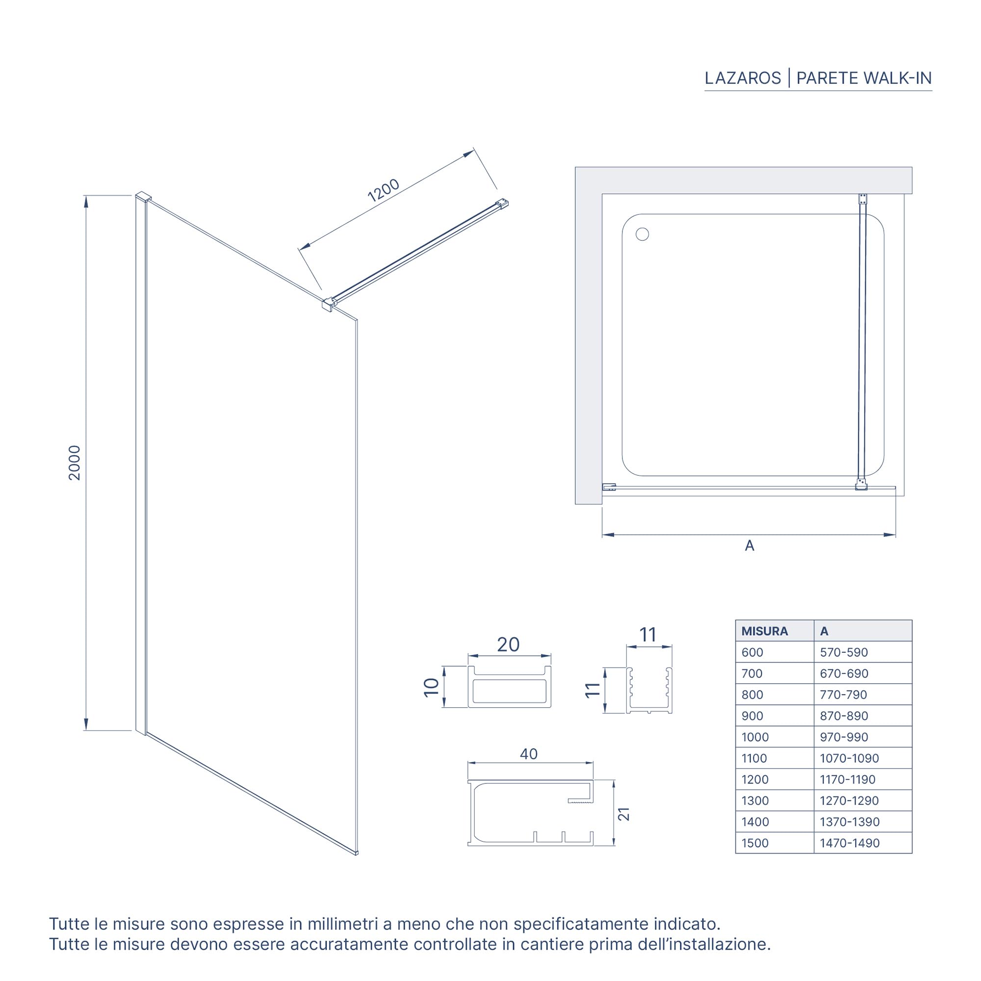 Box Doccia 120cm Walk-in Altezza 200cm Vetro Temperato Trasparente da 8mm con Trattamento Anticalcare mod. Lazaros