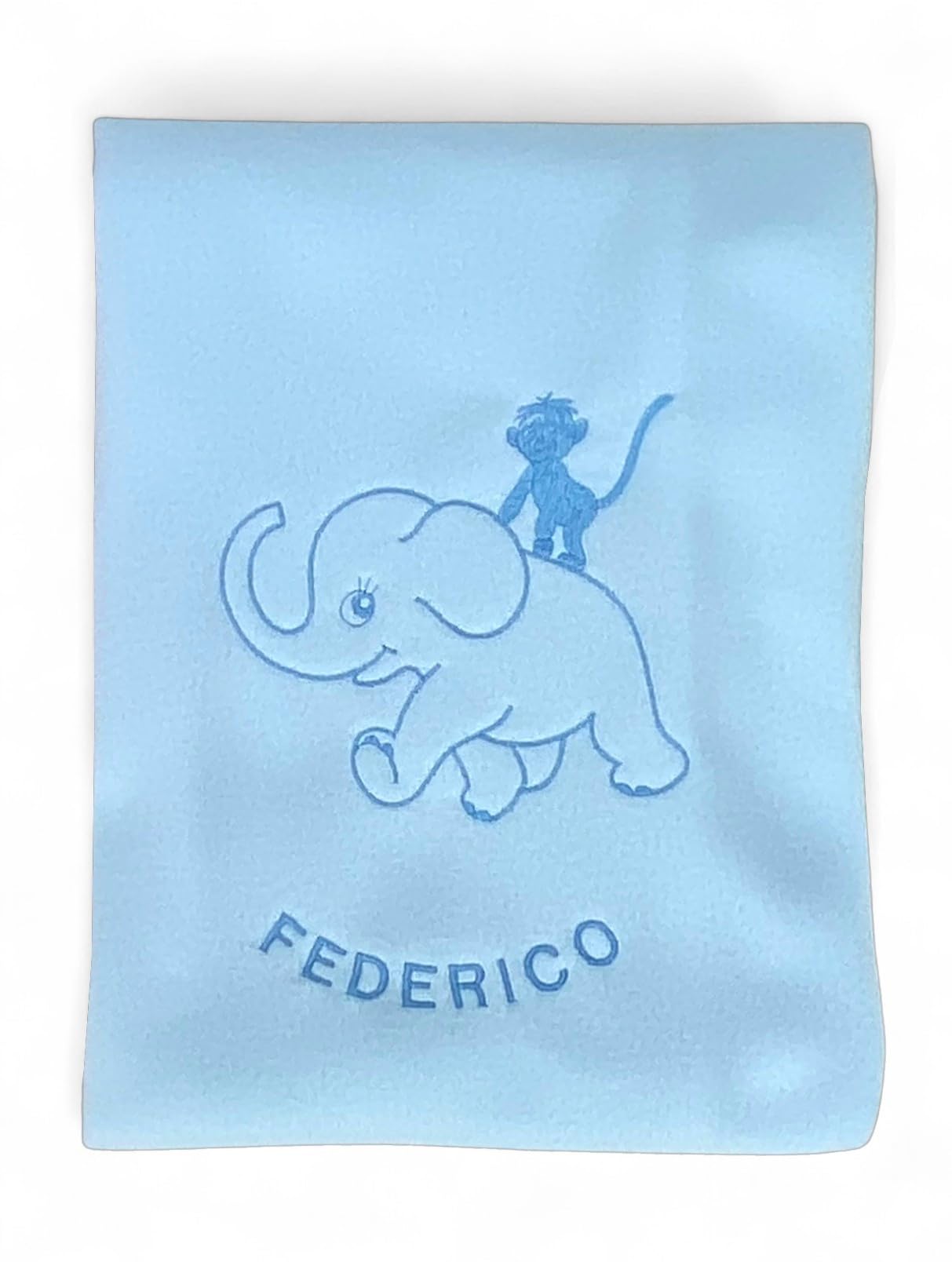 Tex family Fleecedecke personalisiert mit Namen – Elefant – Jungen und Mädchen – Kindergarten Kinderbett Wiege Neugeborene Stickerei Made in Italy – 140 x 100 cm, Hellblau