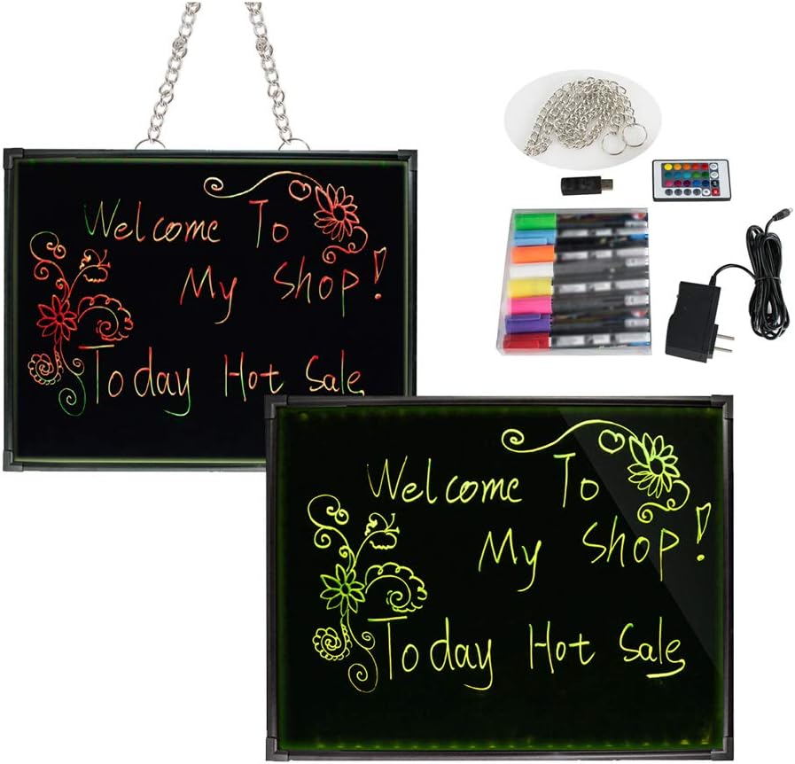 Enshey LED Message Writing Board, 32"x24" Flashing Illuminated Erasable Neon Effect Restaurant Menu Sign Non Porous Glass Surface with 8 Fluorescent Chalk Markers, 16 Colors of RGB 4 Flashing-Mode Rem