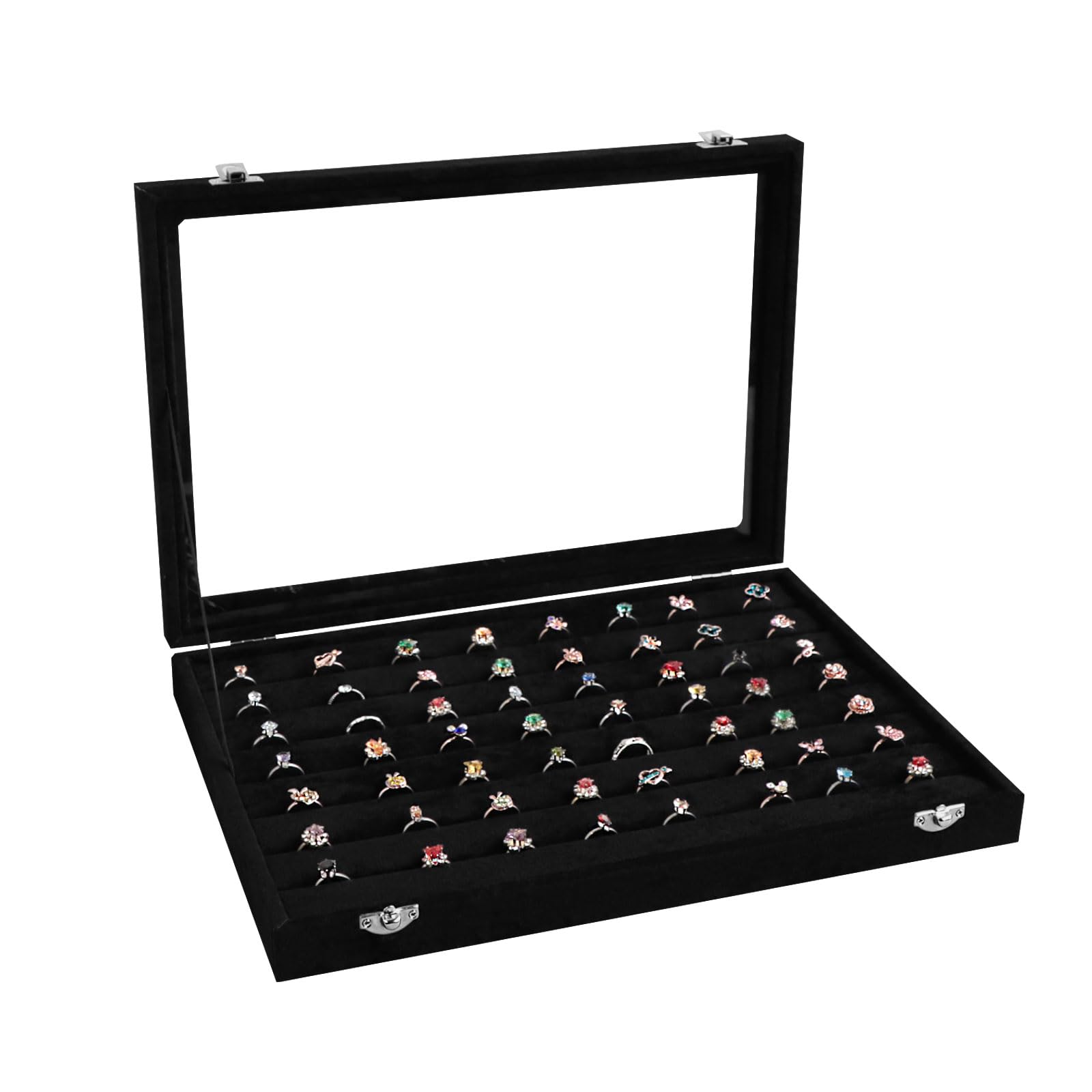 Wudygirl Organizador de anillos de 7 ranuras para anillos y joyas, caja de terciopelo con múltiples ranuras, organizador de anillos y escaparate de joyas (terciopelo negro)
