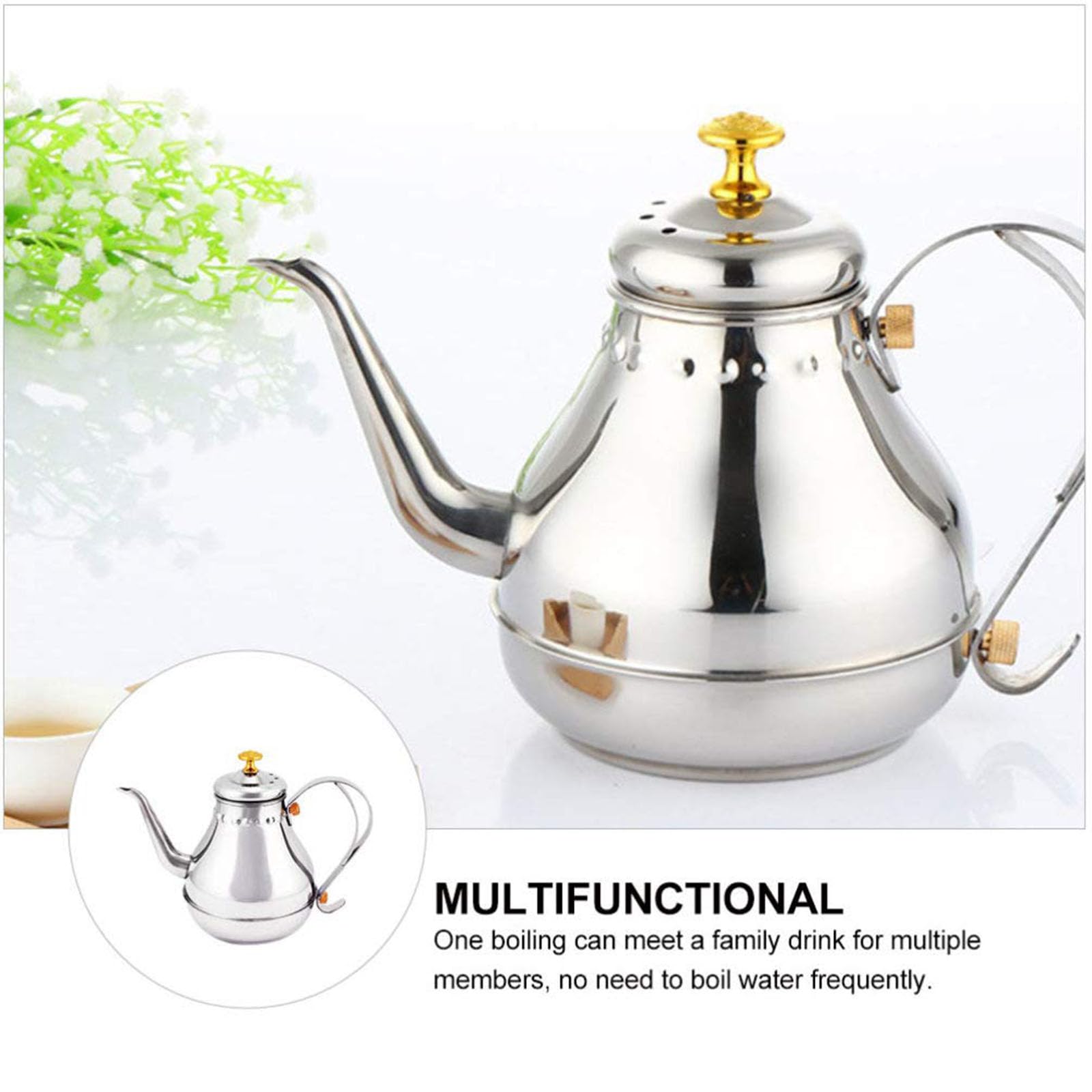 JTBDWOSK 1. 8L Tea Kettle Stainless Steel Teapot Long Swan Neck Coat Pot Over Teapot Mouth Pour Out Sieve for Stove Induction Pour,Silver - Image 6