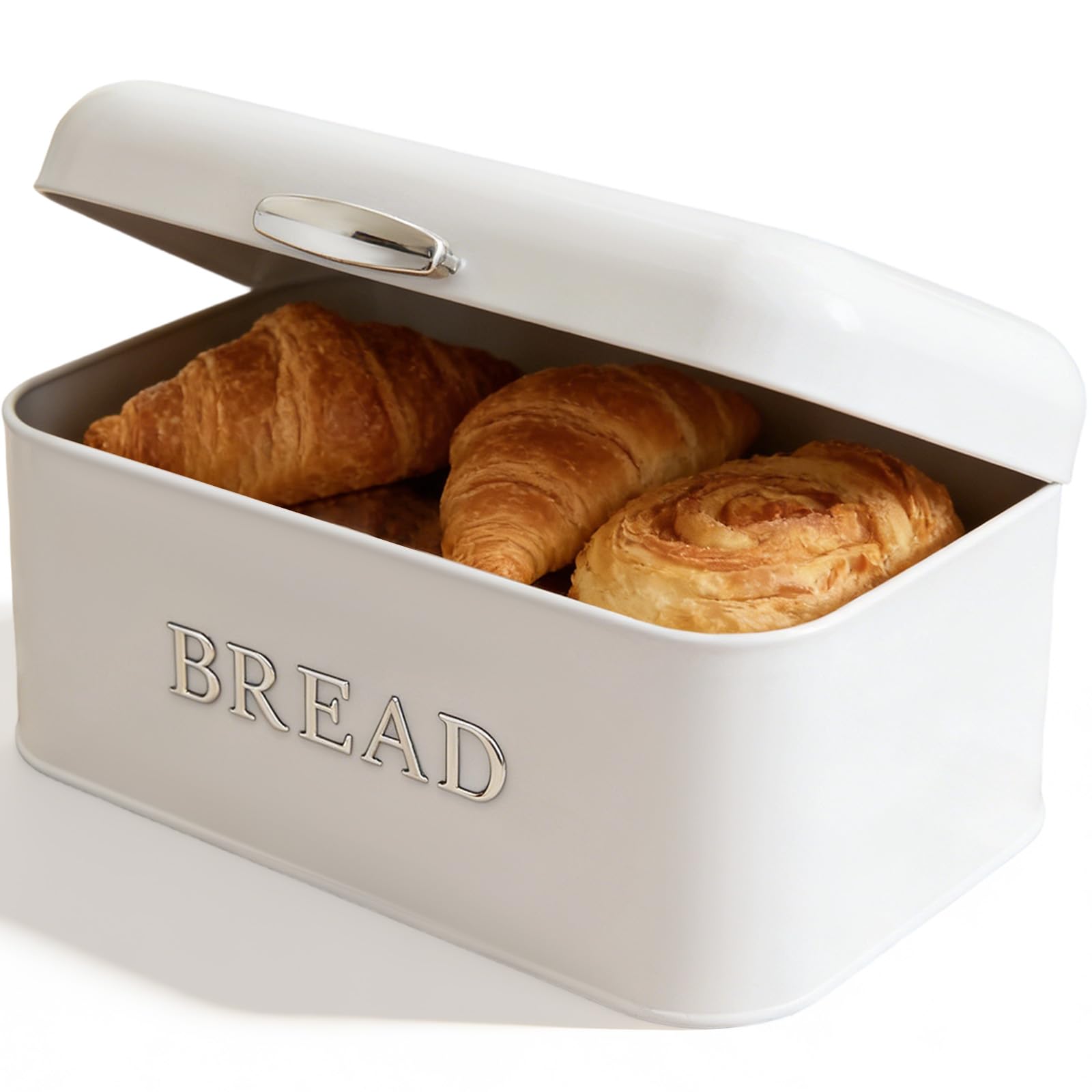 Panera Cocina Grande con Tapa, Paneras Mesa Blanco, Recipiente Almacenamiento Fácil Limpiar, Caja Metal Vintage para Guardar Pan, Galletas, Pasteles, Bollería, Frutas (30 x 16 x 18cm)