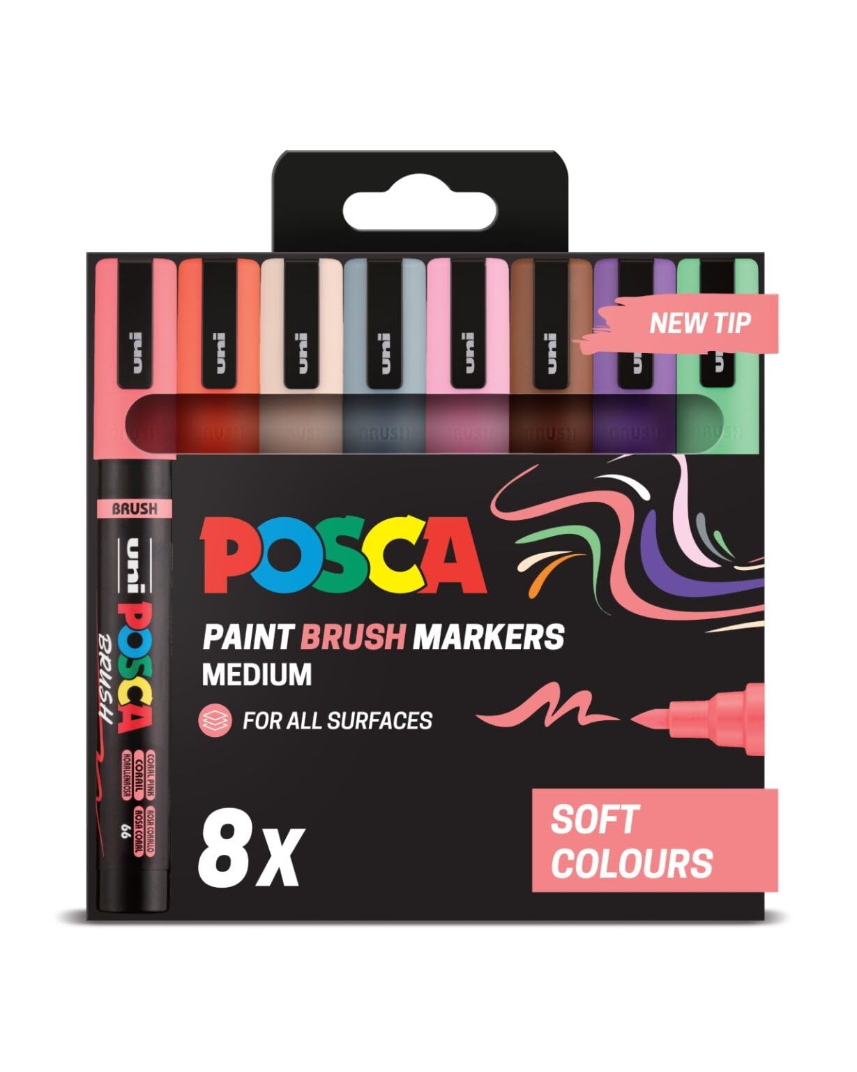 Posca Rotuladores de pintura acrílica Soft PC-5BR (8 unidades), marcadores multisuperficie a base de agua, ideales para pintura de roca, lienzo, vidrio, madera, metal, tela, colorear, artes y