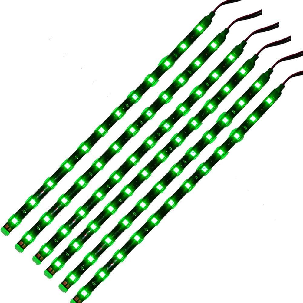 DC 12V Waterproof 1Ft 12 LED Strip Underbody Light with 6 inches Wires for Motor (Green,Pack of 6)