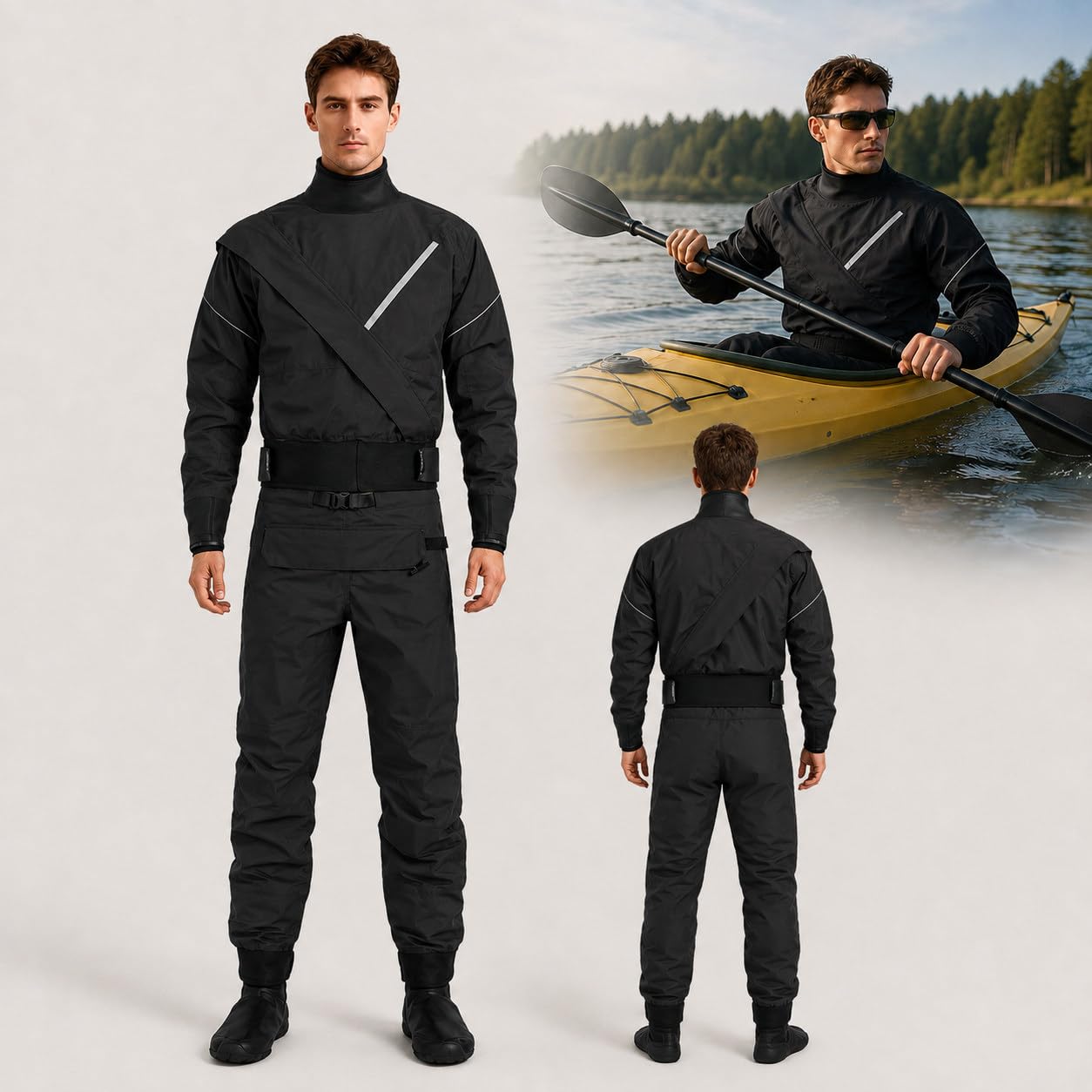 Tuta Stagna da Kayak per Uomo Impermeabile e Traspirante Black-S | Tuta Leggera a 3 Strati con Zip Frontale per Pesca Nautica Canoa Rafting e Vela Attrezzatura Sport Acquatici Freddi