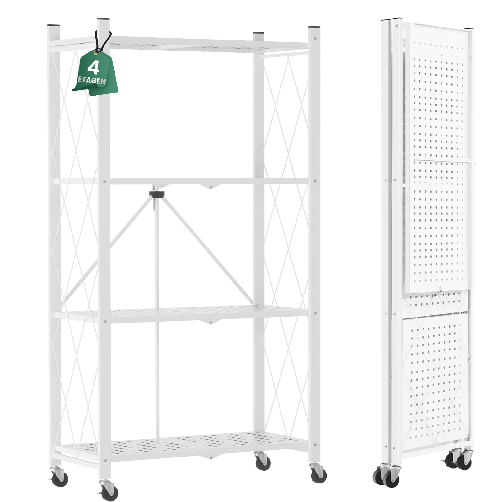 ALANNG Klappregal mit Rädern - Standregal, Bücherregal aus Metall - Montagefrei & Stabil - Für Küche, Wohnzimmer, Keller, Büro