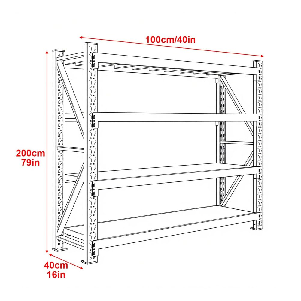 Wytrzymałe przemysłowe metalowe półki magazynowe, 4-poziomowy system regałów magazynowych niebieski, 200 x 100 x 40 cm, regał do warsztatów garażowych i rozwiązań do przechowywania