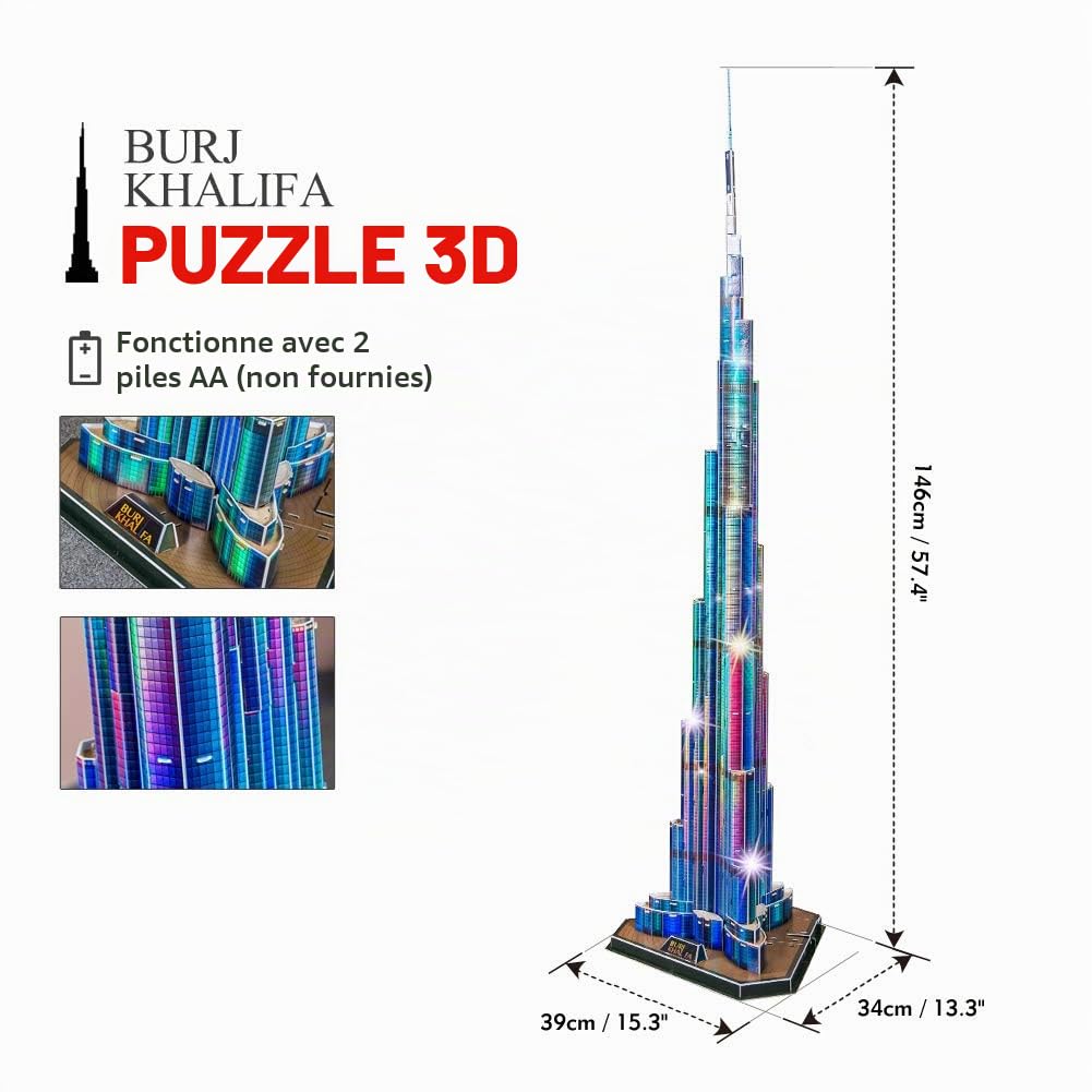 CubicFun Puzzle 3D LED Dubaï Burj Khalifa Modèle avec Lumières, 136 Pièces | Puzzles 3D Maquette pour Adultes et Enfants, Cadeau D'architecture pour Décoration de Bricolage et Cadeaux Souvenirs