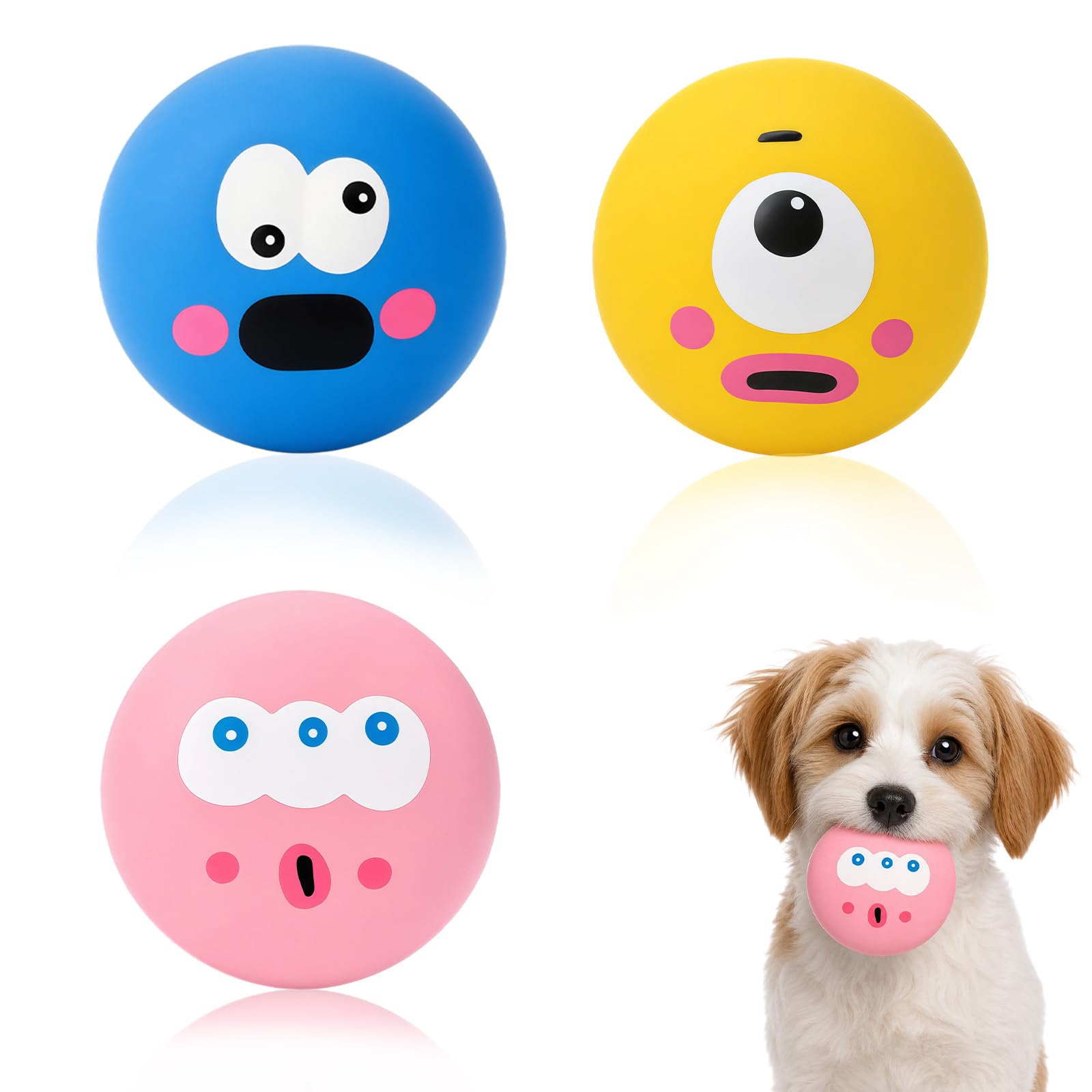 ElioVelluL 3 Pack Squeaky Dog Balls 5.5cm – Latex Puppy Chew Toys for Small Dogs, Interactive Bouncing Fetch Balls for Training, Teething Relief, Indoor & Outdoor Play (Pink, Yellow, Blue)