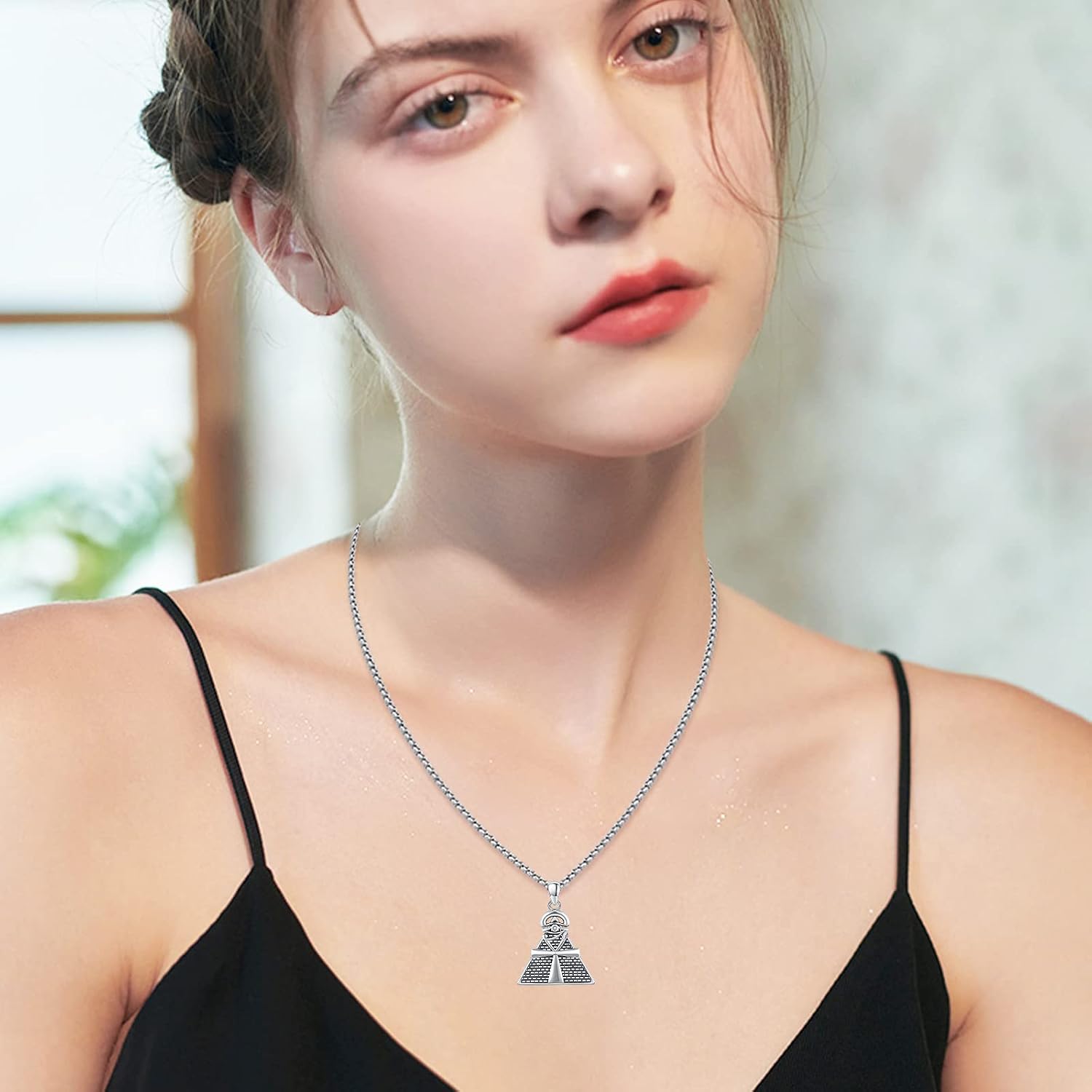 Egyptian Necklace,Eye of Horus Pendant,Pyramid Necklace Sterling Silver Ancient Egyptian Hieroglyphic Symbol Necklace Ankh Eye of Horus Jewelry Mother's Day Gifts for Men Women