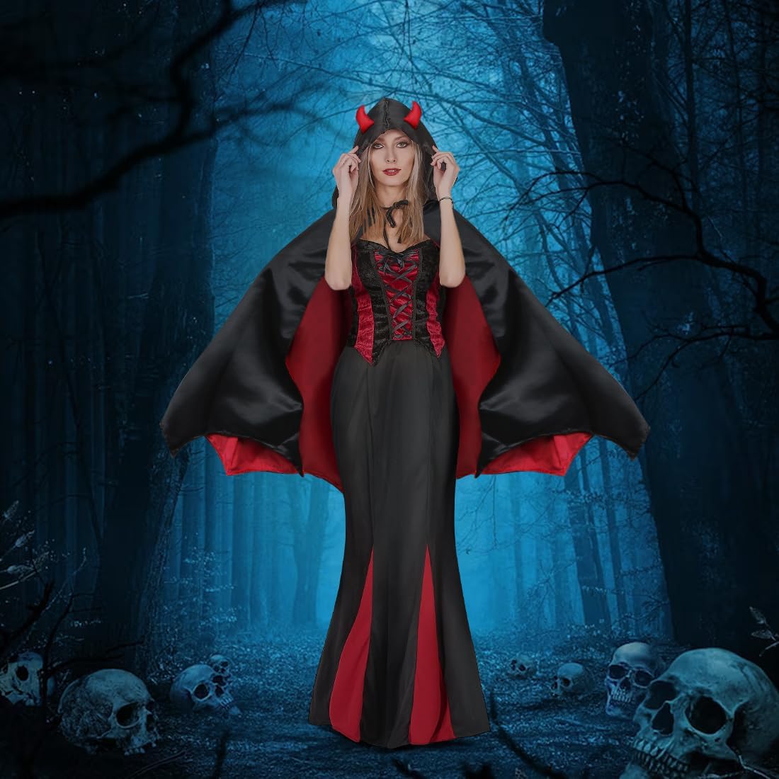 NebulaGlam Deguisement Diable Cosplay Diable, Déguisement Diable d'Halloween, Cape Halloween pour Femme avec Accessoires Haut de Gamme, Masque pour