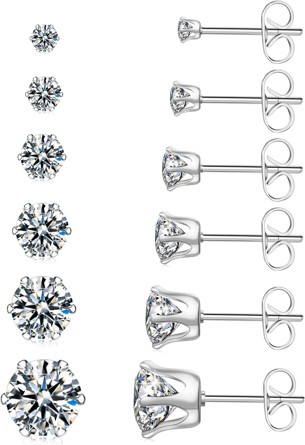 Product image of 6 Pairs Hypoallergenic Stainless Steel Stud Earrings Cubic Zirconia Earrings Set 14K Gold Plated Multipack 3-8mm