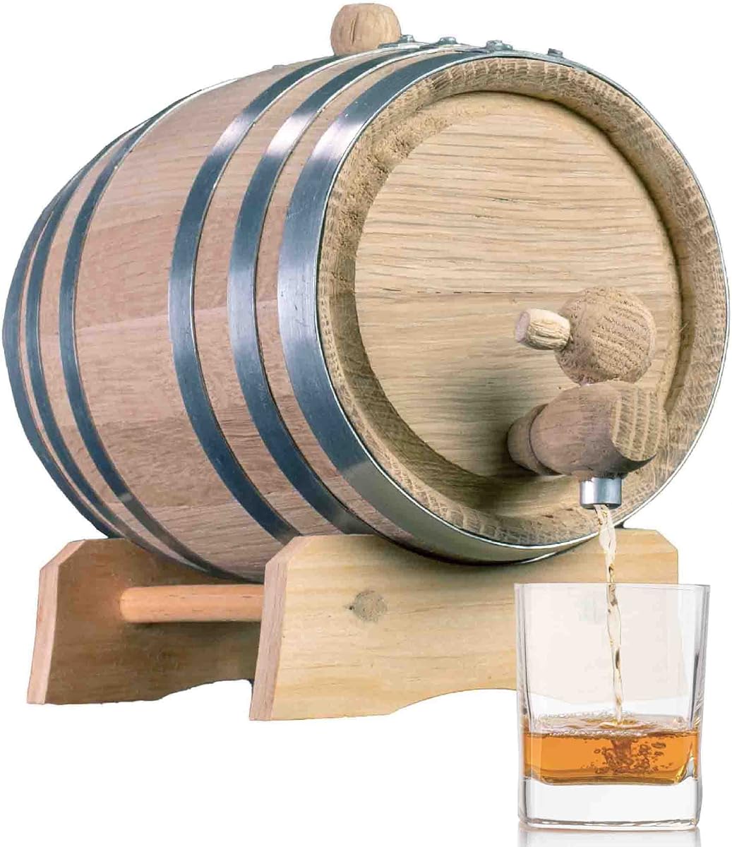 Barril de envejecimiento de roble blanco americano sin barnizar de 1 litro, aros de acero, mini barril | Kit dispensador y barrica de madera carbonizada para whisky, bourbon, vino y cócteles, para elaboración casera y decoración de encimeras de bar