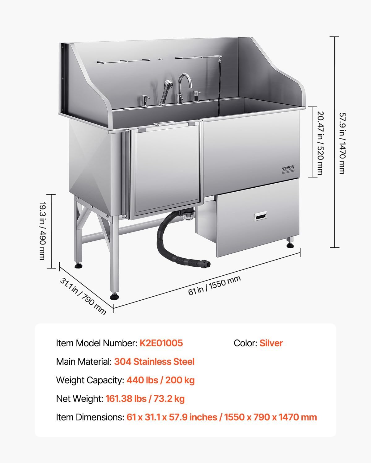VEVOR Professional 304 Stainless Steel Dog Bathing Station, 61 inch Pet Grooming Tub w/Anti-Slip ramp, Storage Drawer, Cold Hot Faucet Showerhead, for Large & Medium & Small (Left Door, with Drawer)