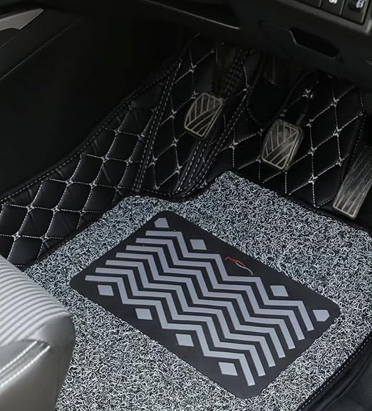 Image of 7D Luxury Car Mats for Mg Hector Plus (7 Seater)| Ultra-Premium PU Leather | Waterproof, Dustproof & Anti-Slip | Custom Fit All-Weather Floor Mats | Color : Black & Silver