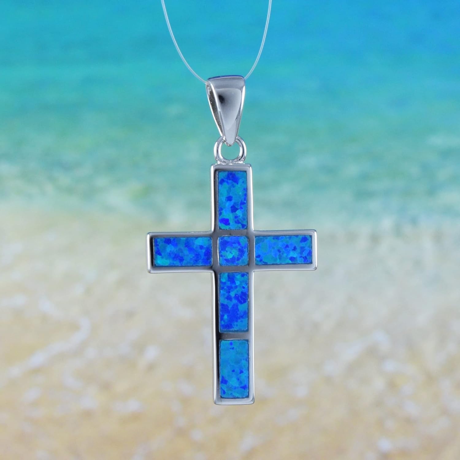 Gorgeous Hawaiian Blue Opal Cross Necklace, Sterling Silver Blue Opal Cross Pendant, N6165A