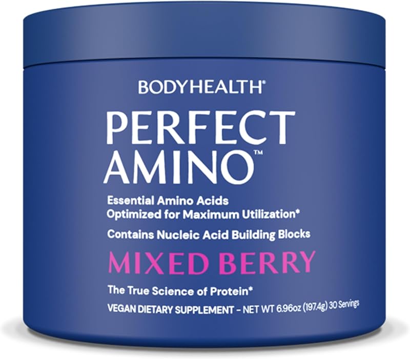 PerfectAmino Powder - BCAA y EAA en polvo para antes y después del entrenamiento - Bebida energética de aminoácidos para hombres y mujeres para apoyar la recuperación y el músculo magro - Baya mixta - 30 porciones