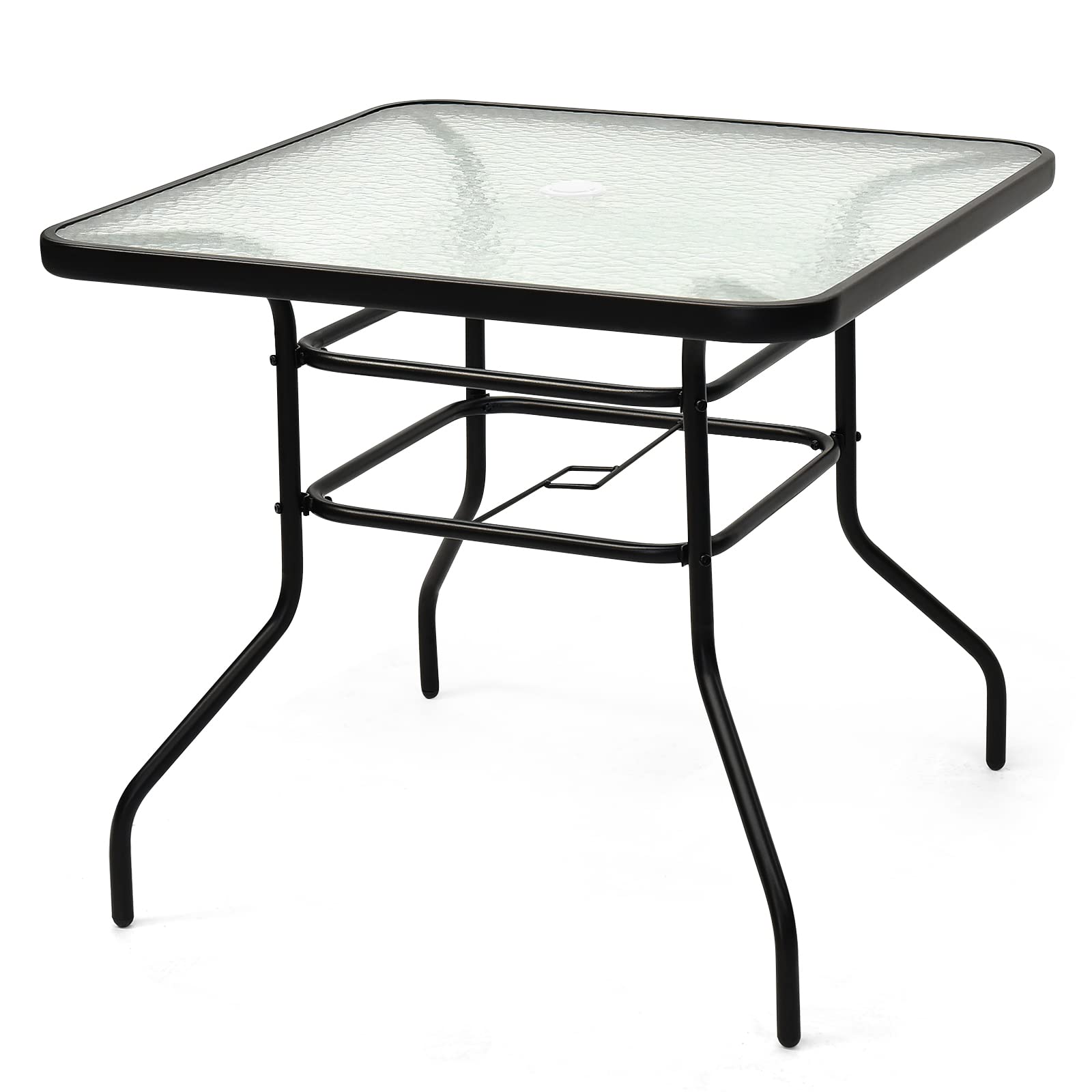 RELAX4LIFE Mesa Auxiliar de Vidrio Templado y Marco de Metal con Agujero para Sombrilla Ø33mm, Mesa Exterior para Jardín, Balcón, Terraza y Bistro, Carga 80 kg, 81x81x71cm (Cuadrado)