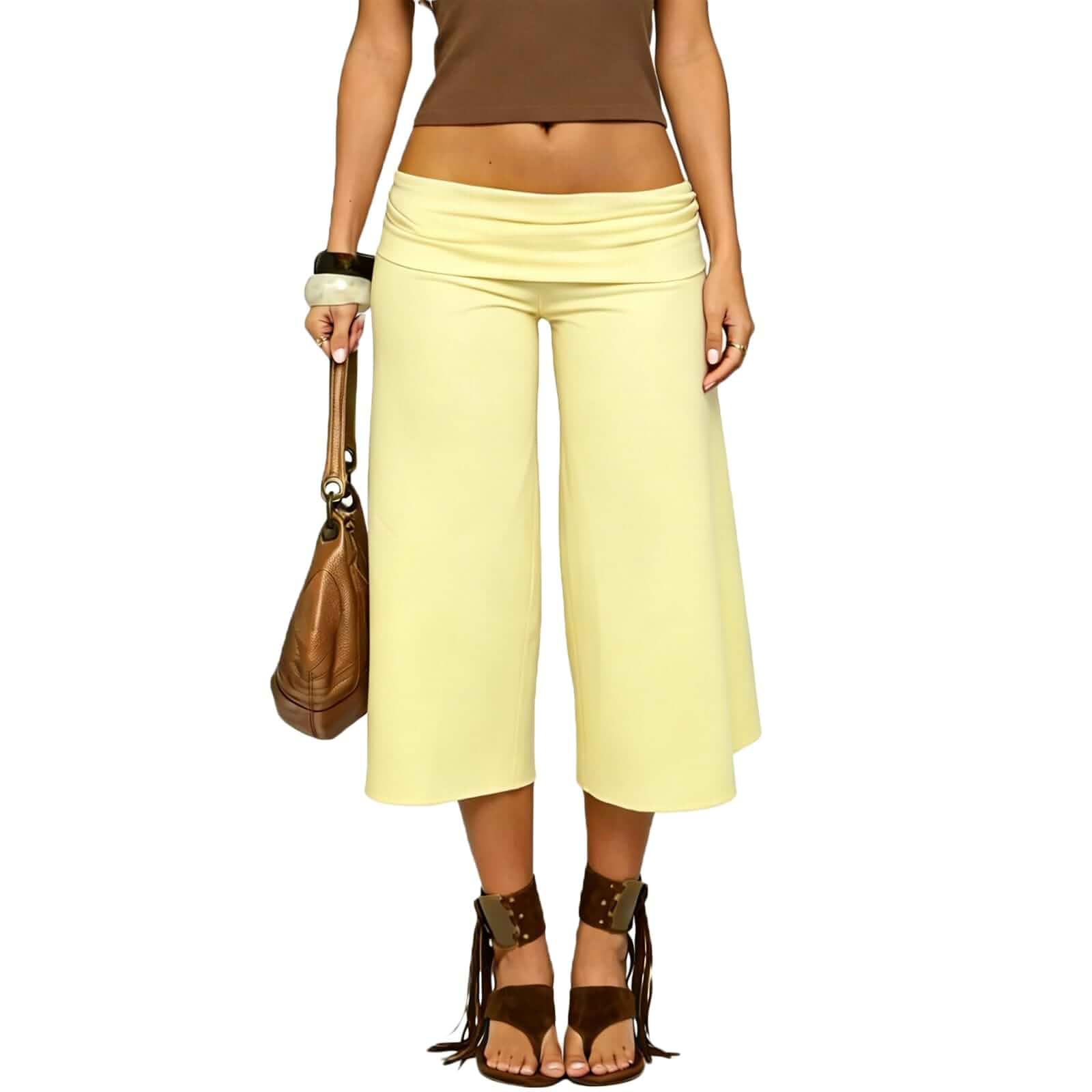 RUEWEY Women Fold Over Capri Pants Low Rise Wide Leg Yoga Capris Going Out Flowy Gaucho Pants Streetwear Regular