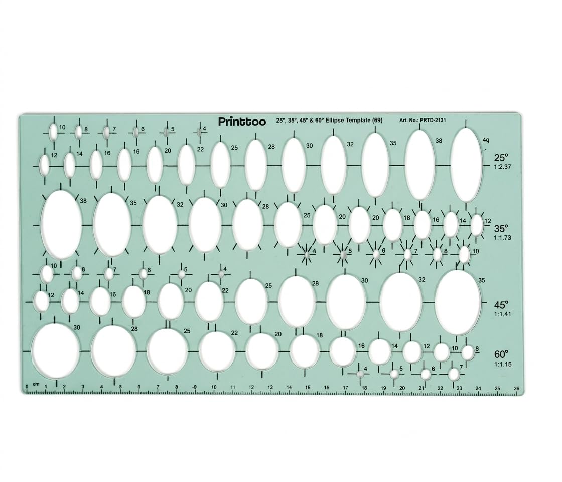 Printtoo Geometric Shape Drawing Template Ruler 26x12.8cm, 2mm Thick Acrylic Drafting Stencil for Students, Engineers, Architects, Designers, Crafting, Scrapbooking, Card Making with Different Shapes