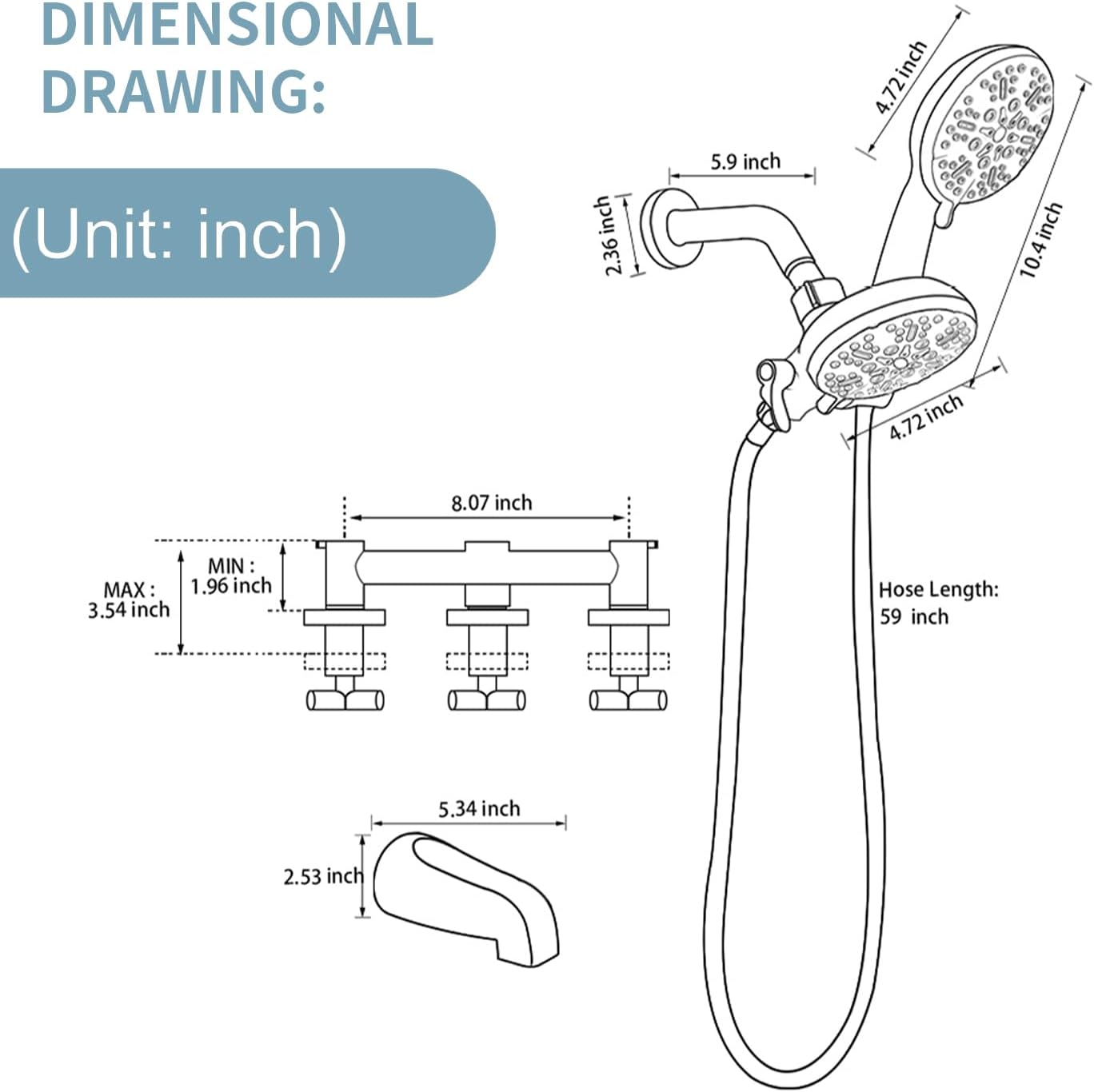 Dimensional drawing with measurements for the WELLFOR shower system components