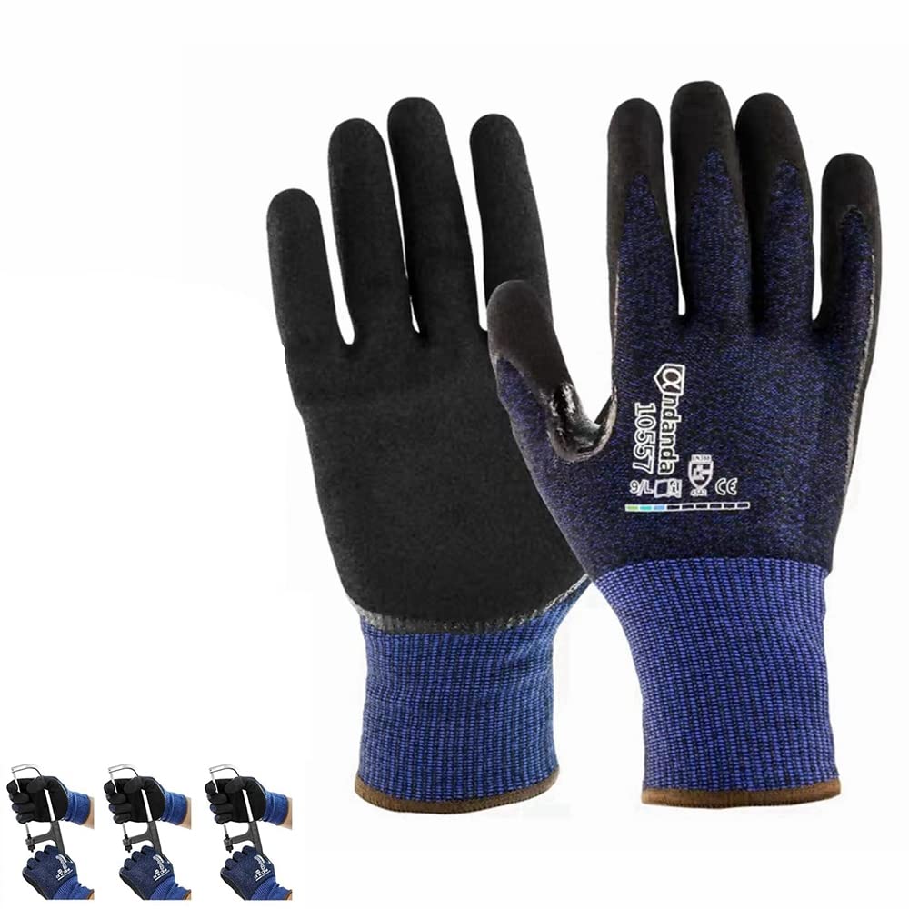 COOLBABY ANDANDA3 Level 5 Cut Resistant Gloves, 3D Comfort Stretch Fit, Double Layer Scrub Nitrile Coated Work Gloves with Strong Grips, Ideal Work Gloves for Handling Glass