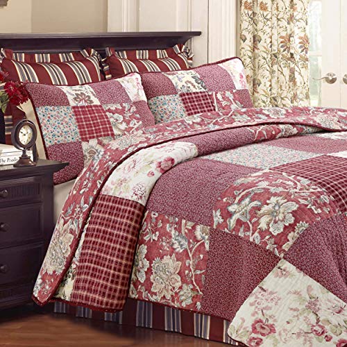 Cozy Line Home Fashions Delilah Quilt Set, Red Rose Real Patchwork 100% Cotton Reversible Coverlet Bedspread, Wedding Anniversary Romantic Home Decor for Bedding Bedroom (Red Floral, King - 3 Piece)