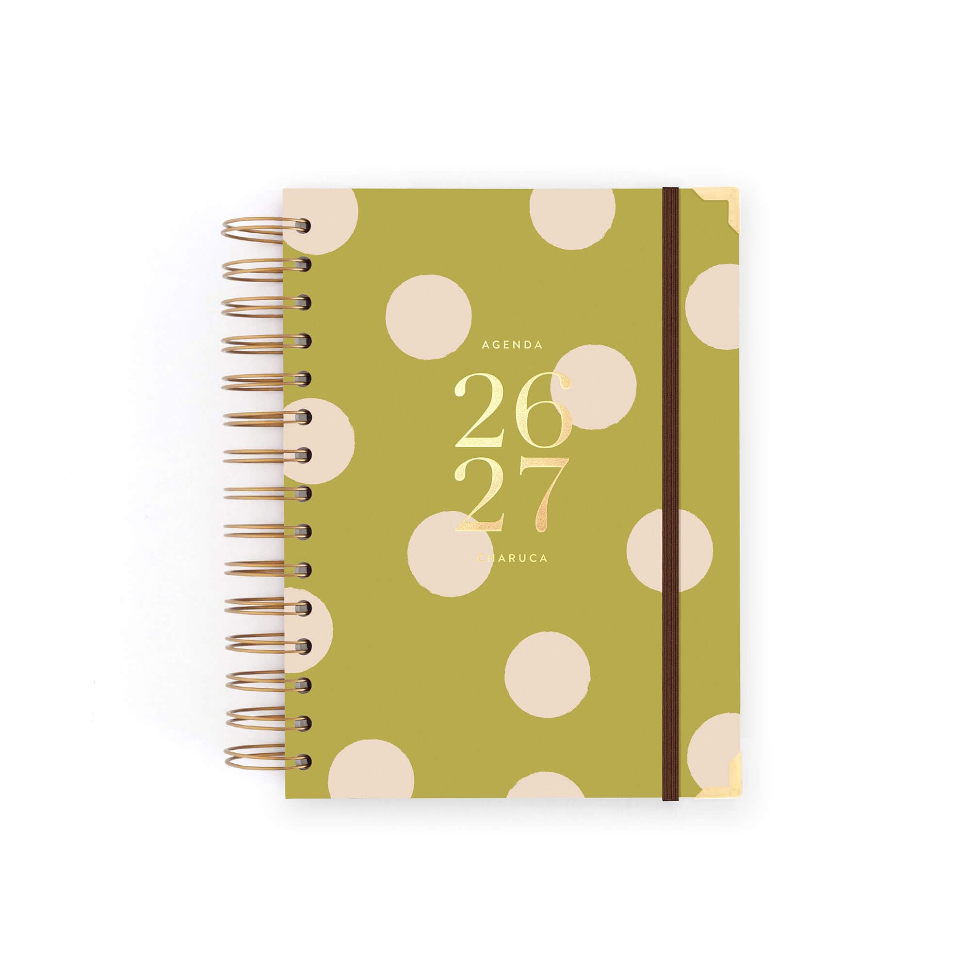 Charuca Kalender 26-27, akademischer Tagesansicht, fester Einband mit goldenen Details, mittelgroß, inklusive Stofftasche und Lesezeichen, hergestellt in Spanien (Pistacho Dreams)
