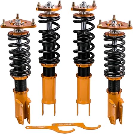 Amazon Maxpeedingrods 車高調 レンチ付 ダンパー サスペンション フロント リア 4本セット For 三菱for Mitsubishiランサーevo7 Evo8 Evo9 Ct9a部品用ダンパー ショックアブソーバー Damper 黄 車 バイク 車 バイク