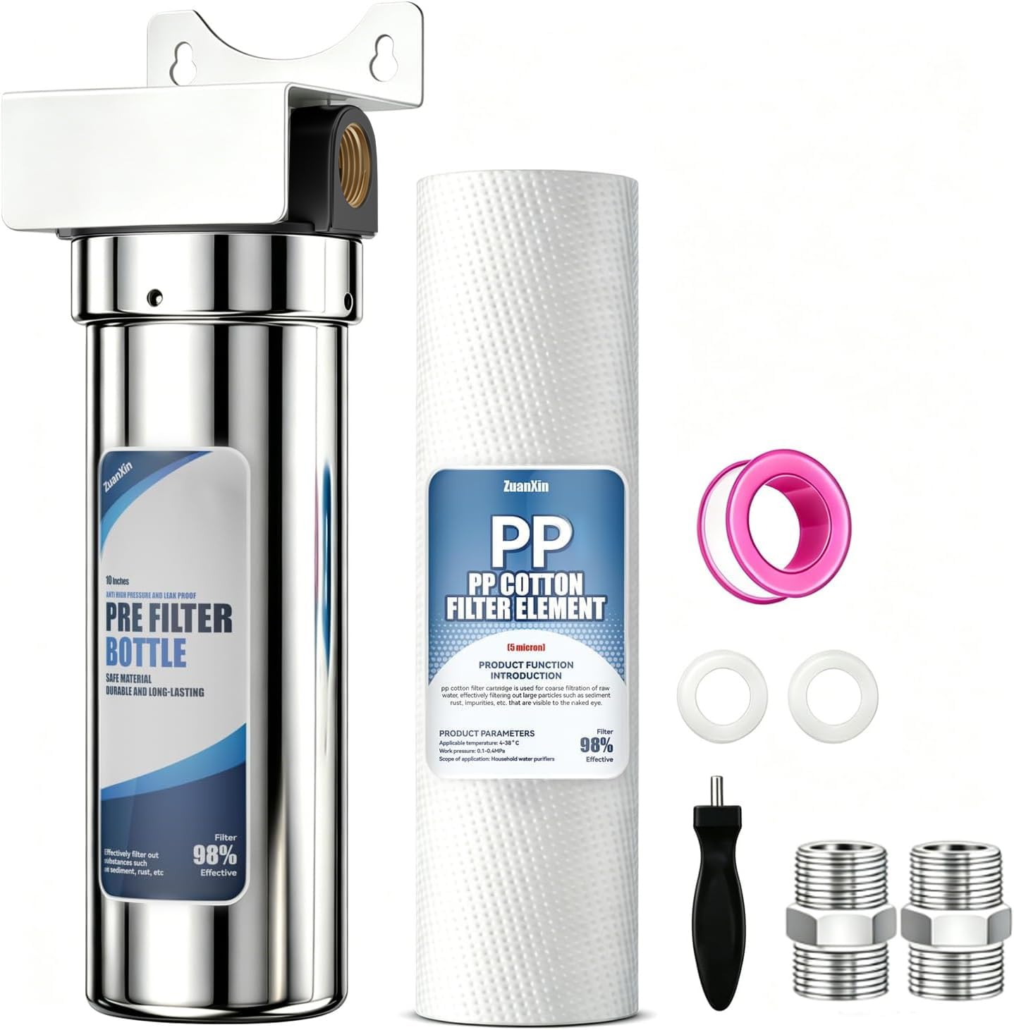 Whole House Water Filter Housing, 304 Stainless Steel, Fits Standard 10" x 2.5" Sediment Filters, 3/4" Brass Port Pre-Filter System for Well &amp; City Water, Includes Wrench and 1 PP Sediment Filter