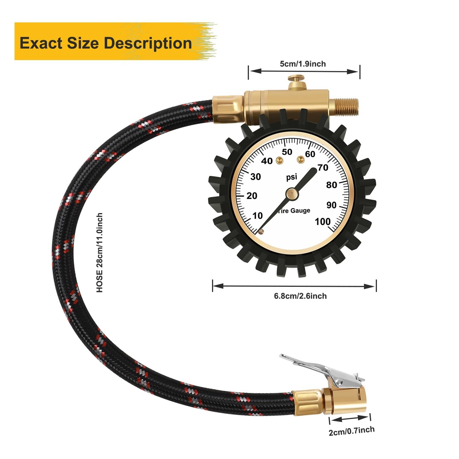 Medidor De Presión De Neumáticos De 100 PSI con Portabrocas con Clip, Medidor De Neumáticos Analógico De Precisión De Dial De 2 Pulgadas, Lectura De Presión Conveniente FáCil De Usar