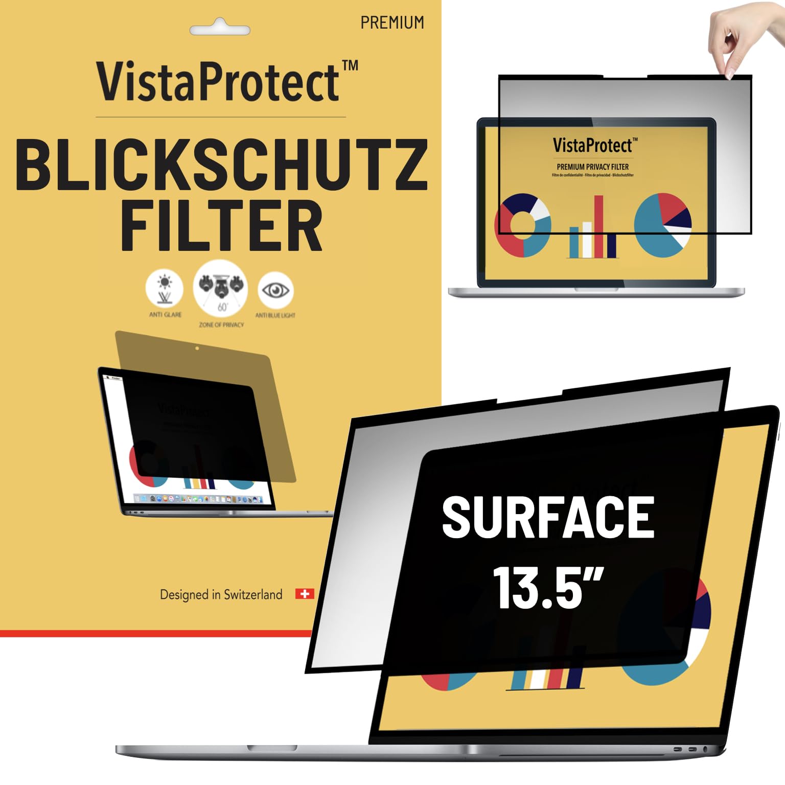 VistaProtect – Premium Blickschutzfilter & Anti-Blaulichtfilter, Privacy Filter Anti Blue Light Blickschutzfolie für Microsoft Surface Laptop 3, 4 & 5 - Entfernbar (13.5" Zoll)