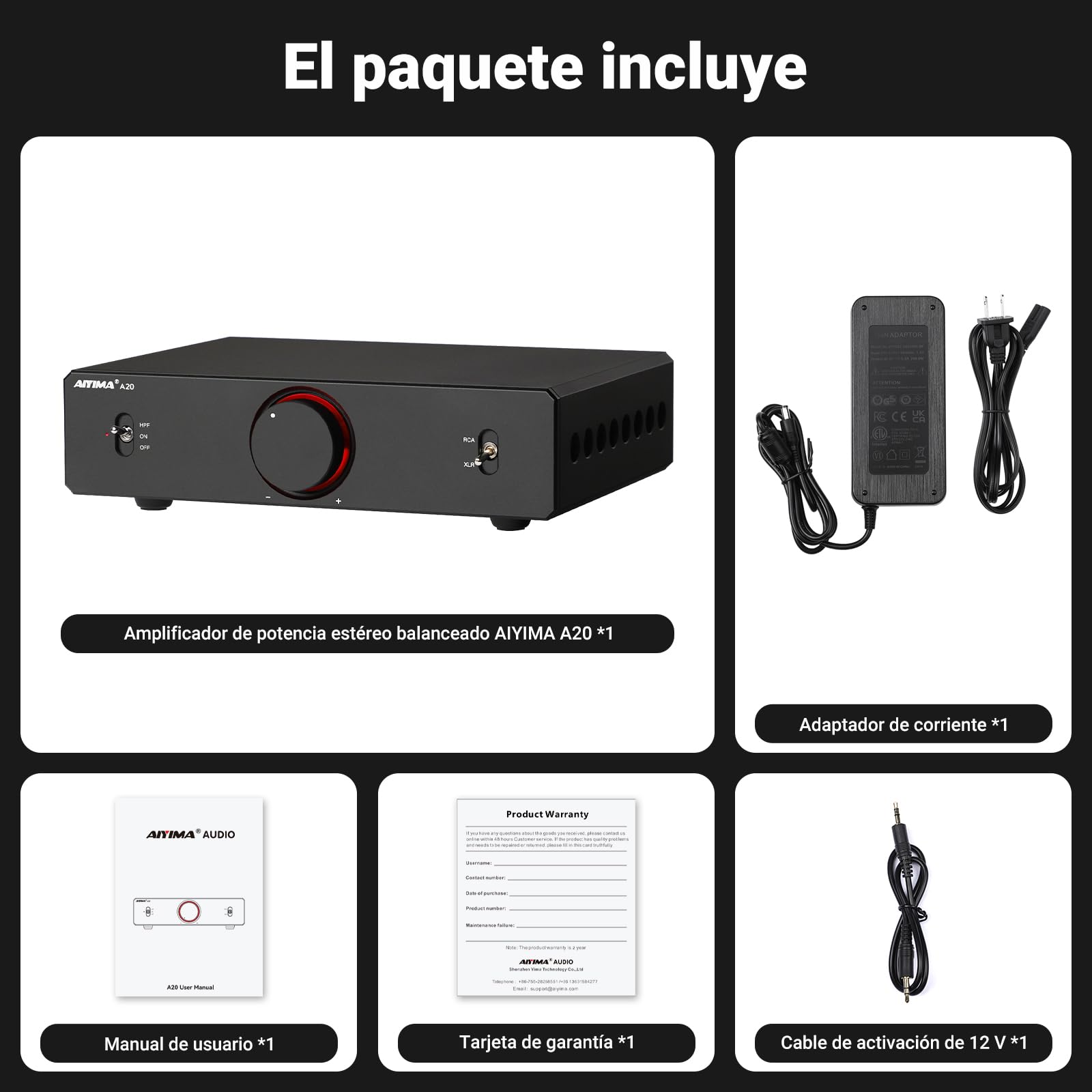 Amplificador estéreo balanceado AIYIMA A20 con Ajuste HPF Home HiFi 2.1 Amplificador de Clase D de Escritorio TPA3255 PFFB con Entrada RCA/XLR y Entrada de Disparo de 12 V para Altavoces pasivos