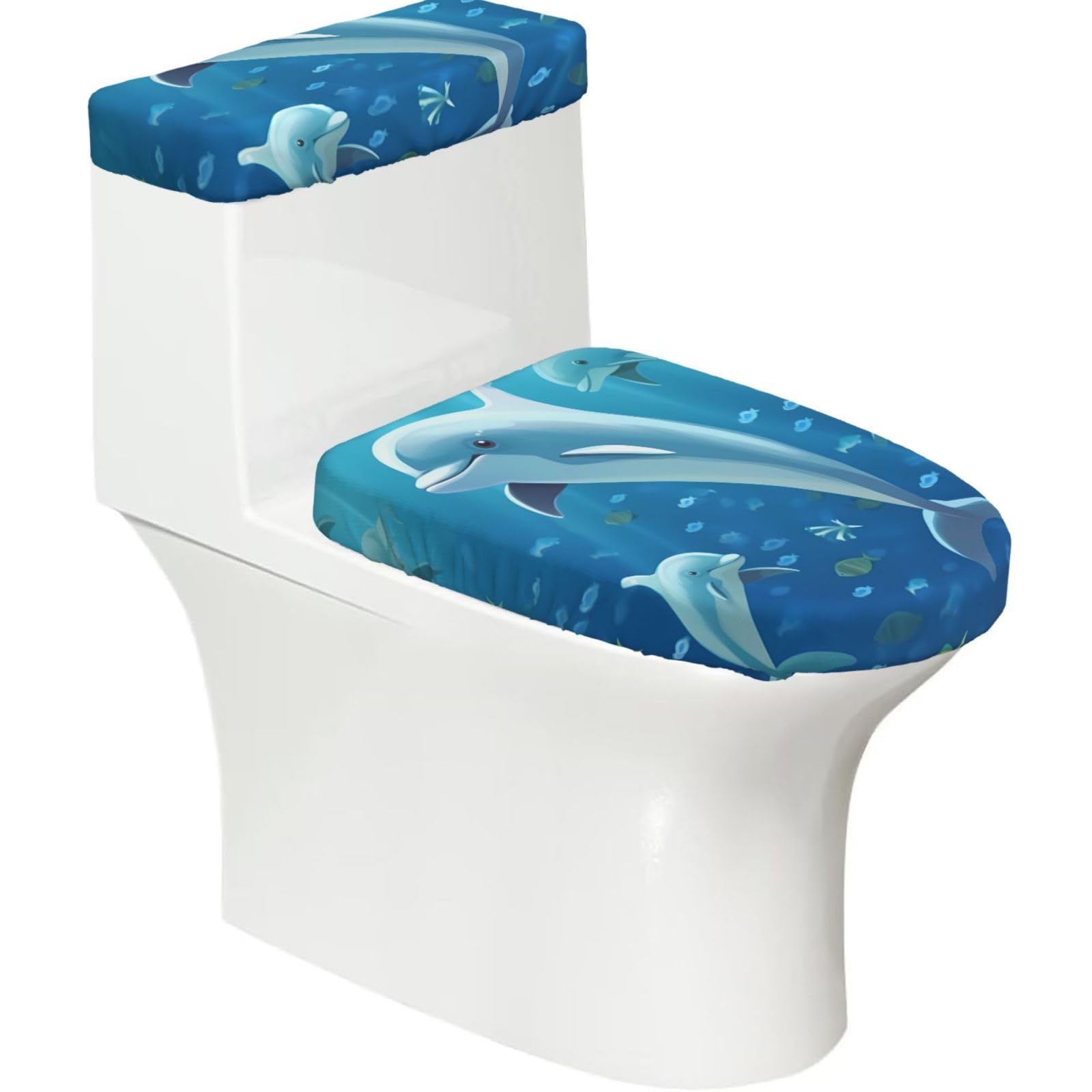 Fodpand Black Dolphin Toilet Lid Cover And Toilet Tank Cover Set, Washable Soft Toilet Seat Cover With Elastic Bottom, Universal Stylish Toilet Cover Set For Bathroom Decor Accessories
