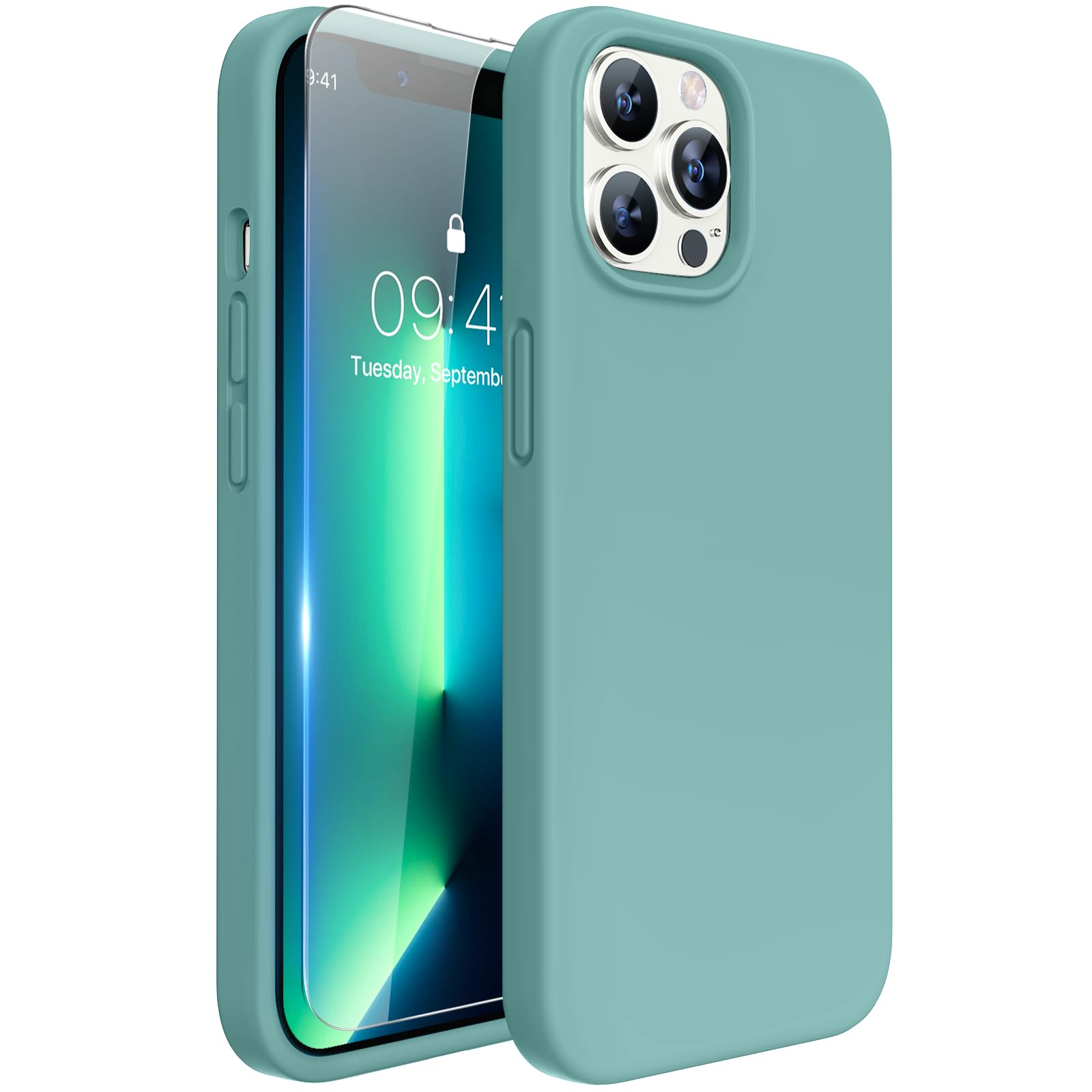 Miracase Designed for iPhone 13 Pro Case, with Tempered Glass Screen Protector, [Soft Anti-Scratch Microfiber Lining], Shockproof Liquid Silicone Phone Case Cover for 13 Pro 6.1 inch, Midnight Green