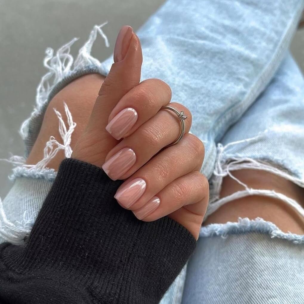 SXVME Chrome Press On Nails Short Square, Nude Pink False Nails Short Coffin with Glazed Finish - Image 2