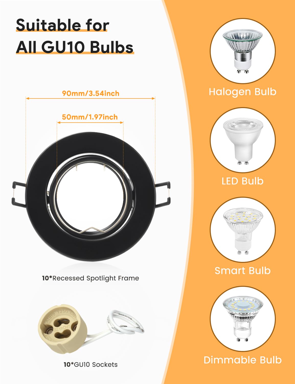 Zestaw wpuszczanych reflektorów Led GU10, 10 sztuk matowej czarnej ramy montażowej z gniazdem ceramicznym GU10 do lamp, okrągłe, Ø 70 mm obracane o 30°, do lamp LED lub halogenowych
