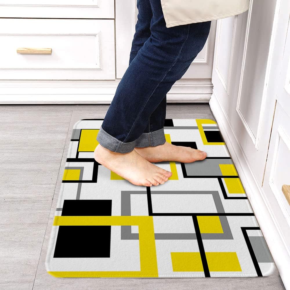 Welcome Doormat,Yellow Black Gray Block Frame White Absorbent Non Slip Bath Rug,Middle Ages Art Washable Carpet for Kitchen Bathroom Front Door Entryway Decor 24x35In