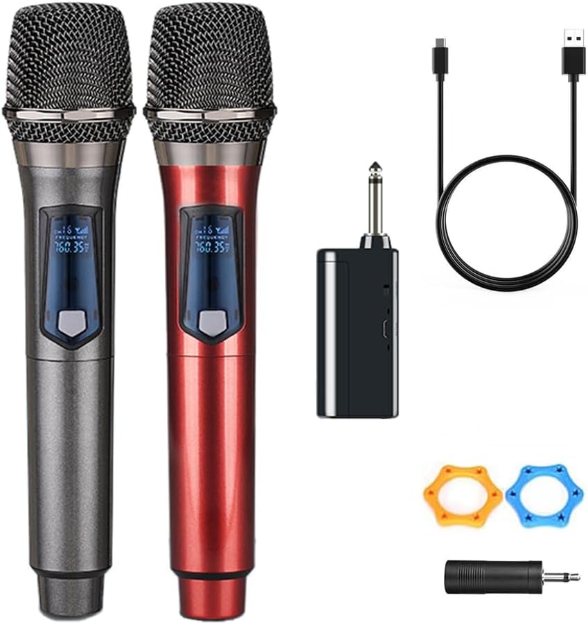 Wireless Microphones, Dual Handheld Dynamic Wireless Mic for Karaoke, Wedding, DJ, Party, Speech, Church, Class, PA System, 200ft, Gray & Red