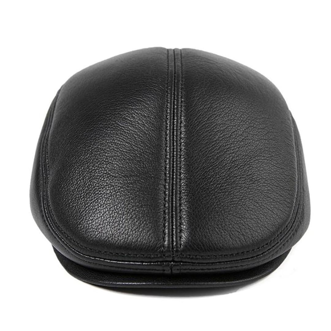 Boina plana de invierno para hombre, color negro, cálido, con orejeras, de piel auténtica, sólida, clásica, para conducir