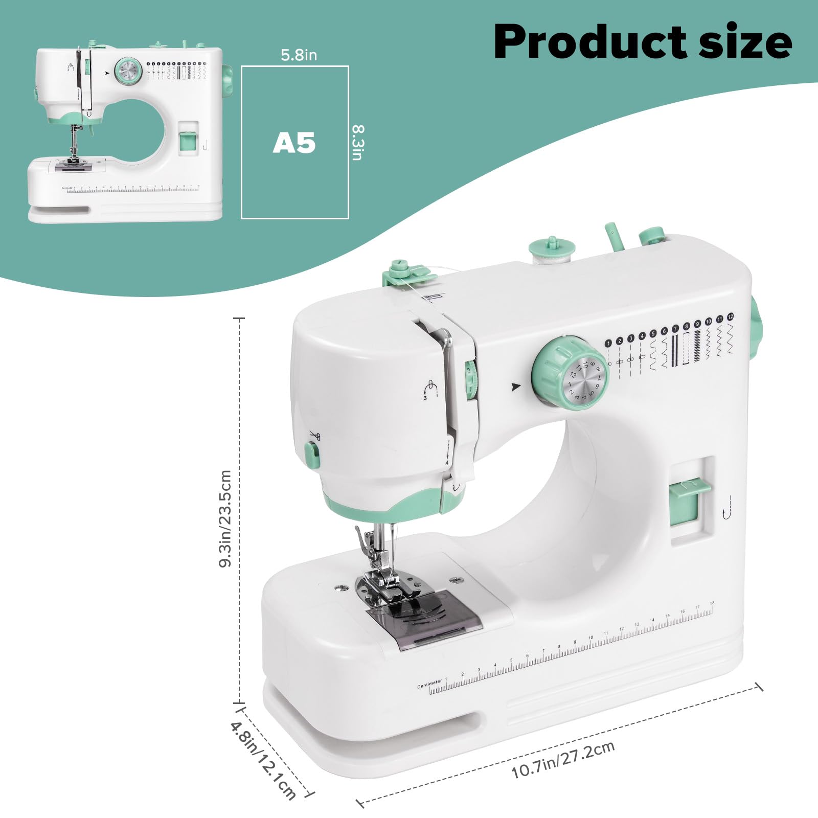 Máquina de coser para principiantes, mini máquina de coser con juegos de costura, máquina de coser eléctrica portátil con funciones completas, 12 puntadas integradas, aguja doble