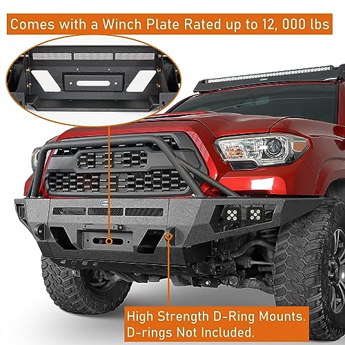 Image of Hooke Road 16-23 Tacoma Front Winch Bumper w /Skid Plate & LED Lights for Toyota Tacoma 3rd Gen 2016 2017 2018 2019 2020 2021 2022 2023