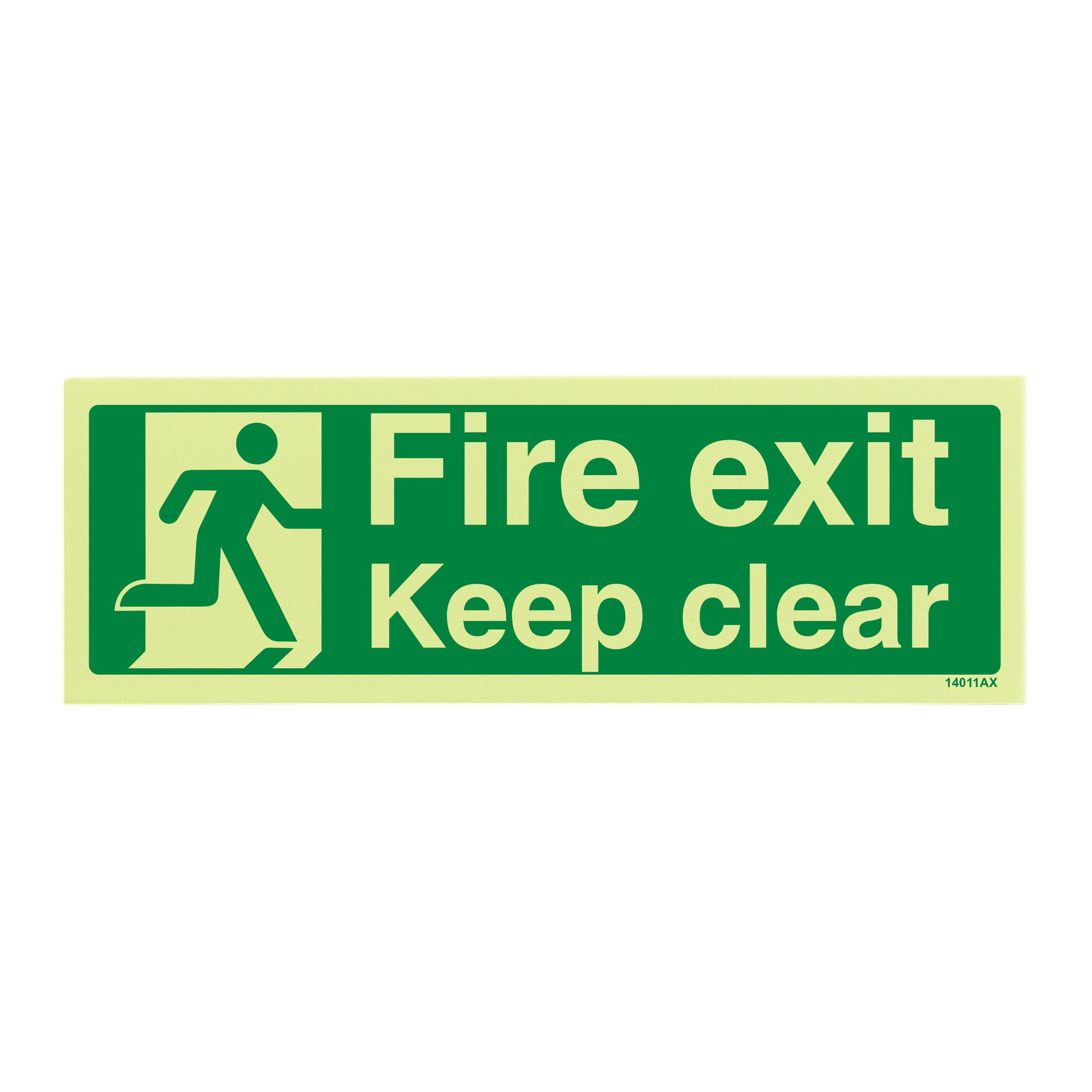 V Safety 14011AX-G Glow In The Dark Fire Exit Keep Clear Sign - 300mm x 100mm - Rigid Plastic, Green
