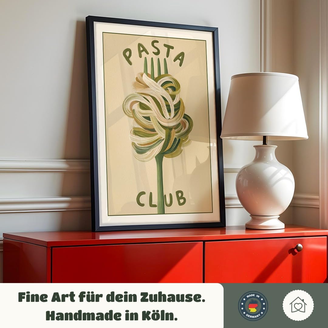 MJ-GRAPHICS® Kunstdruck Pasta Club Wandbild Illustration Fork minimalistisch warm Beige Küche Deko Poster Kunst Esszimmer Bilder Wanddeko Grafik Design A2 mit beigem Rahmen